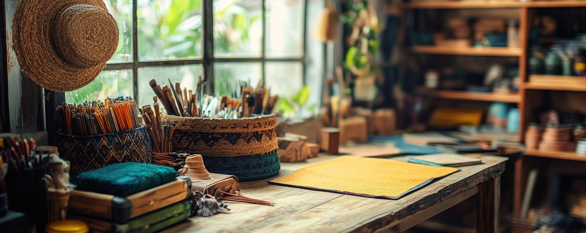 Workshop table with threads and embroidered sample
