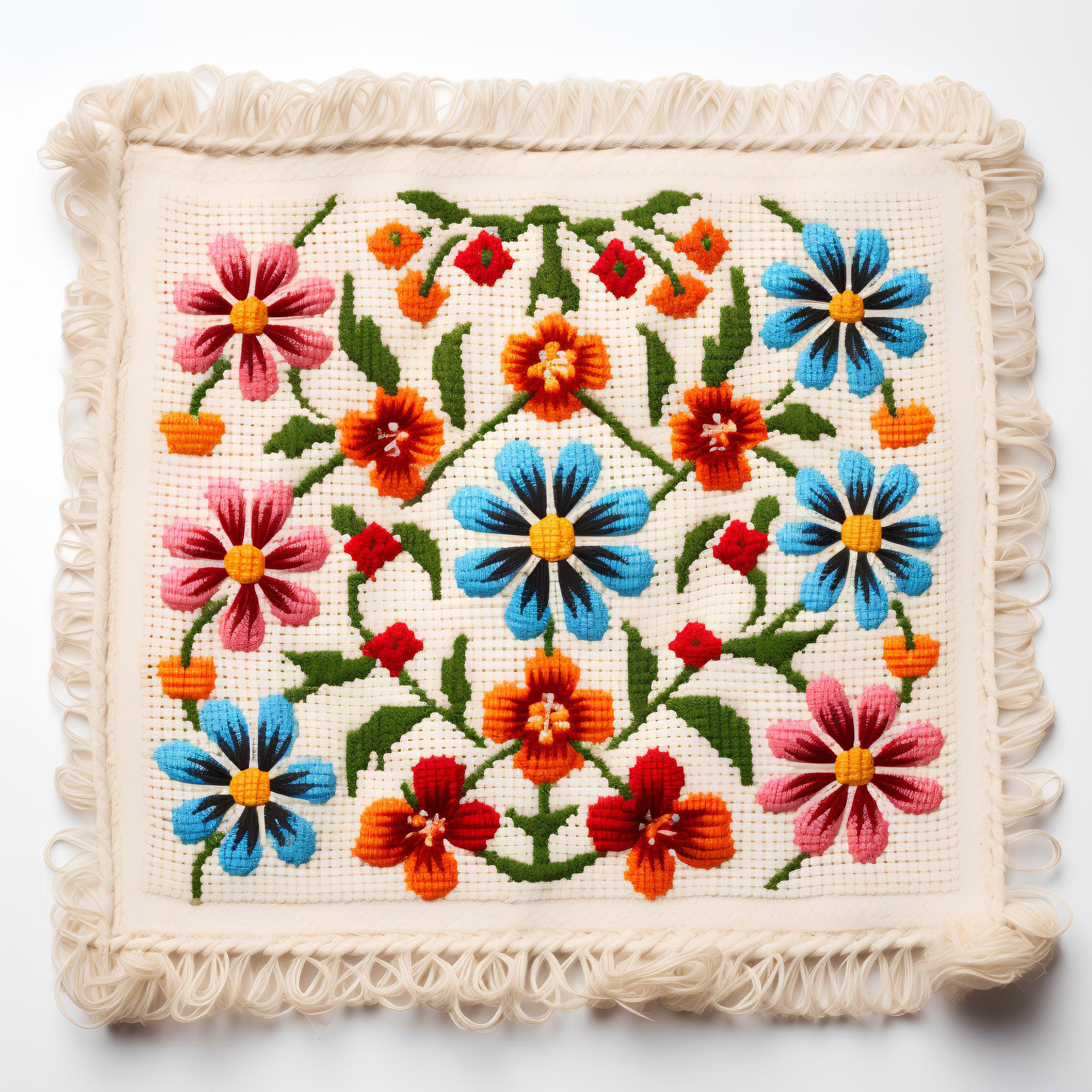 Small square sample of floral embroidered motif